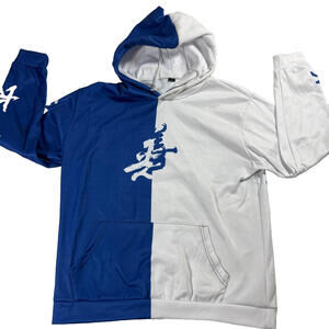 Two Tone Hoodie Mens L Blue White Graphic Pullover Streetwear Casual Cozy Style